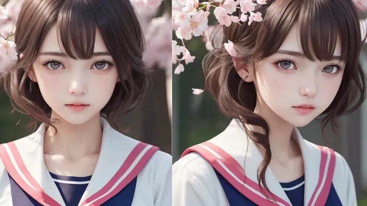 (1peopleの少女), Great face and eyes, Pink Eyes, (Amazingly beautiful girl), (highest quality:1.4), (Super detailed), (Very detailed CG 統合 8k 壁紙), Very detailed, High resolution raw color photos, Professional photography, Sailor suit, , School, spring, cherry...