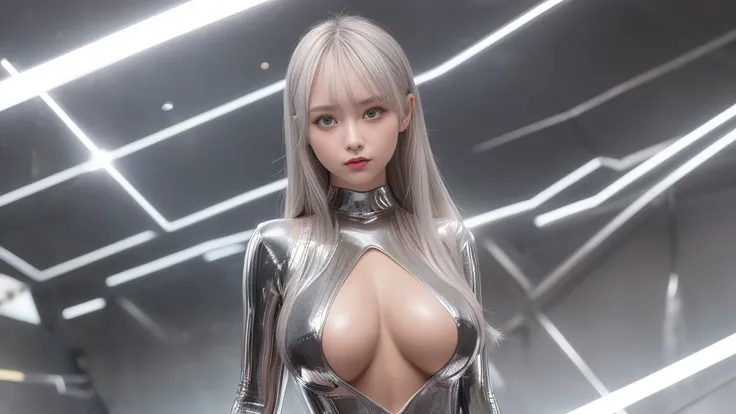 1 girl, Angelique is a very beautiful and cute girl., Fine and beautiful eyes, Beautiful double eyelids, (Big eyes:1.3), Long brown straight hair, Transparent bang, Shiny Hair,(Ultra-shiny metallic silver full bodysuit:1.4),(Bodysuits only come in one colo...