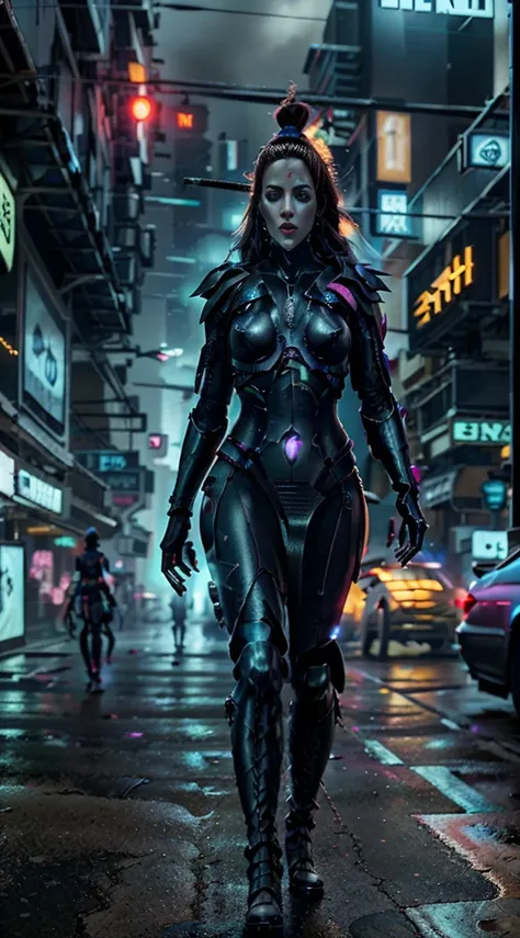 (full body woman,walking),(cyberpunk city),(glowing neon stripes on the dress's boots),(vibrant color),(cyberpunk style),(ultra ...