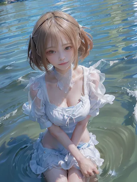 ((Highest quality, super detailed, super delicate)), ((Real: 1.37) ), ((Characteristic depiction of the face, precise expression)), Beautiful eyes, Beautiful eyes, Realistic eyes,
A beautiful woman alone, sunny weather, blue sky, clear blue water, gentle s...