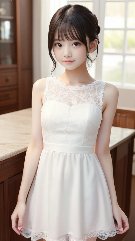 short hair、very beautiful 14 year old cute girl、sexy and very beautiful、very cute face，extremely beautiful、white lace dress