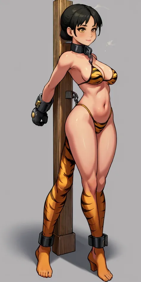 ((Masterpiece, 4k, plain background:1.2)) (handuffed behind her back)) Chun Lee Street Fighter full body standing straight symmetrical, standing chained pole bondage sex slave, yellow tiger bikini print, happy closed mouth red cheeks