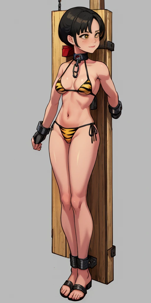 ((Masterpiece, 4k, plain background:1.2)) (handuffed behind her back)) Chun Lee Street Fighter full body standing straight symmetrical, standing chained pole bondage sex slave, yellow tiger bikini print, happy closed mouth red cheeks