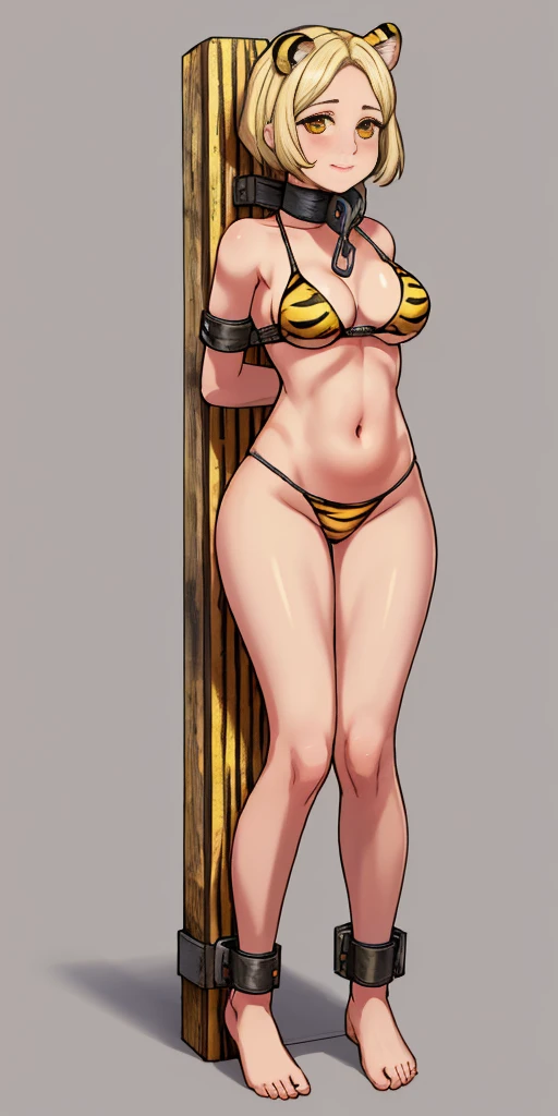 ((Masterpiece, 4k, plain background:1.2)) (handuffed behind her back)) Forest FIRE EMBLEM full body standing straight symmetrical, standing chained pole bondage sex slave, yellow tiger bikini print, happy closed mouth red cheeks