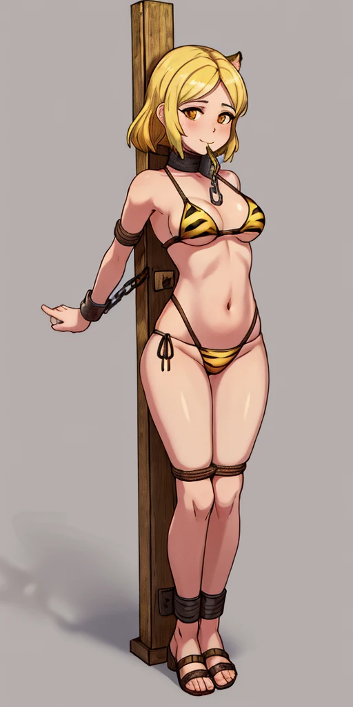 ((Masterpiece, 4k, plain background:1.2)) (handuffed behind her back)) Forest FIRE EMBLEM full body standing straight symmetrical, standing chained pole bondage sex slave, yellow tiger bikini print, happy closed mouth red cheeks