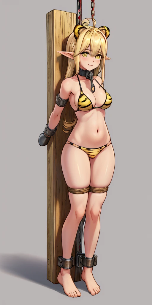 ((Masterpiece, 4k, plain background:1.2)) (handuffed behind her back)) Elven Forest full body standing straight symmetrical, standing chained pole bondage sex slave, yellow tiger bikini print, happy closed mouth red cheeks