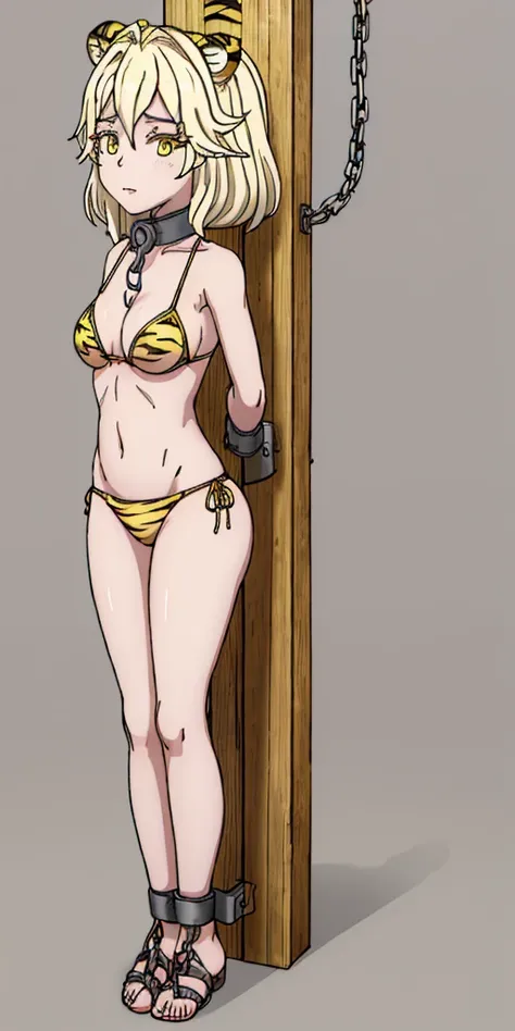 ((Masterpiece, 4k, plain background:1.2)) (handuffed behind her back)) Forest Princess full body standing straight symmetrical, standing chained pole bondage sex slave, yellow tiger bikini print, happy closed mouth red cheeks