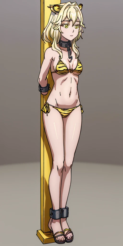 ((Masterpiece, 4k, plain background:1.2)) (handuffed behind her back)) Forest Princess full body standing straight symmetrical, standing chained pole bondage sex slave, yellow tiger bikini print, happy closed mouth red cheeks