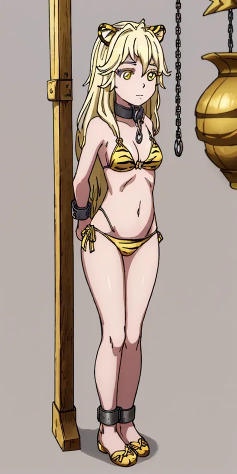 ((Masterpiece, 4k, plain background:1.2)) (handuffed behind her back)) Forest Princess full body standing straight symmetrical, standing chained pole bondage sex slave, yellow tiger bikini print, happy closed mouth red cheeks