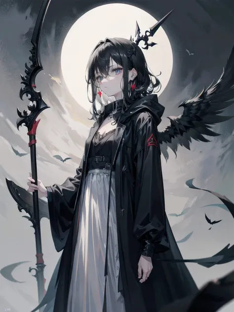 grim reaper, black scythe, floating in air, above ground, black blade, absurdres, RAW photo, extremely delicate and beautiful, masterpiece, Best Quality, ultra high resolution, 32k, hyperrealistic, ultra-detailed, detailed description, pale skin, 20 years ...