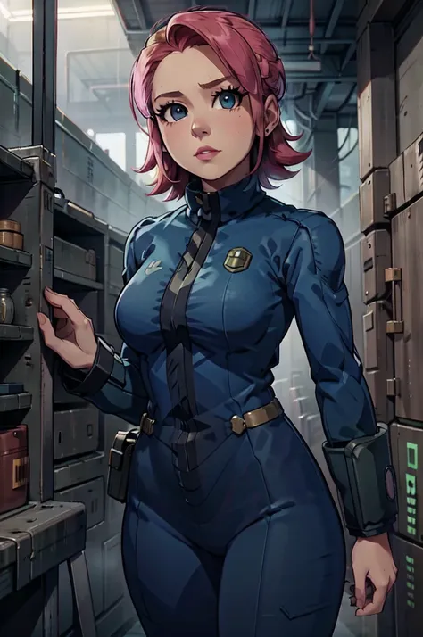 mayl sakurai reimagined as a vault dweller, doing maintenance in an underground vault. her vibrant pink hair stands out against ...