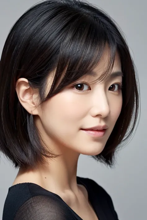 woman。Japanese。３０age。Black Hair。hair is shoulder length。The nape is visible。Her hair is swept boldly to the side。Oval Face。Deeply carved features that look great with makeup