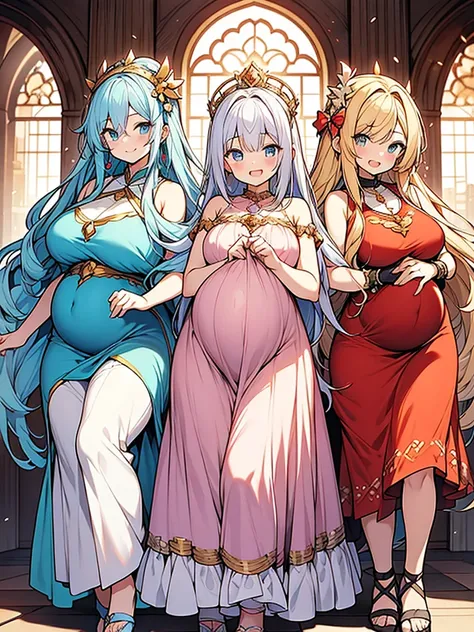 new Harem anime main visual style,pregnant girls wearing dress,happy,3 Pregnant Goddesses