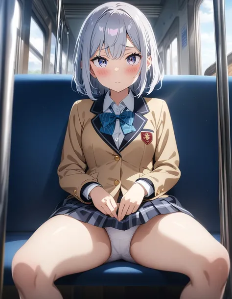 masterpiece, best quality, very aesthetic, absurdres, 1girl, school girl uniform, sitting on seat, panties, legs apart, in train, blush, key visual, highly detailed, looking at viewer