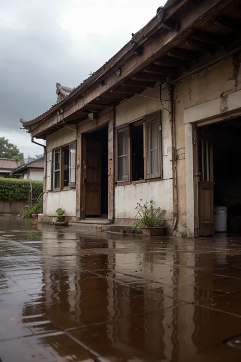 Rain, sky, old house, Asia, heavy rain