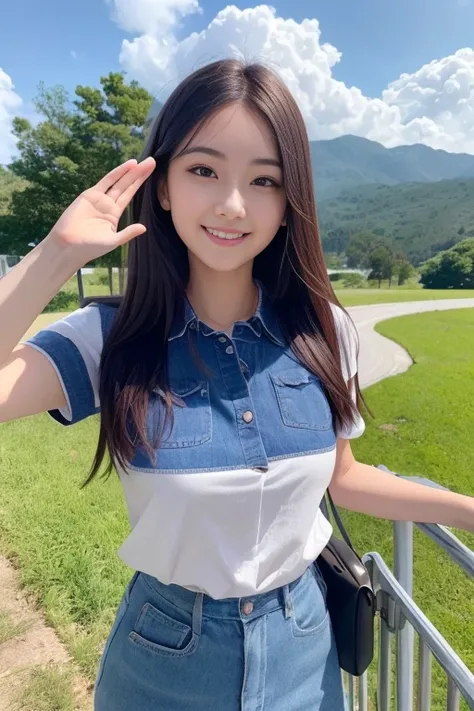 best quality, 8k, high resolution, ultra-detailed, extremely detailed, top quality, realistic, beautiful and cute and aesthetic woman greeting, 21 years old, very slightly smiling, wave a hand at the camera, perfect face, sharp focus, blue sky and white cl...