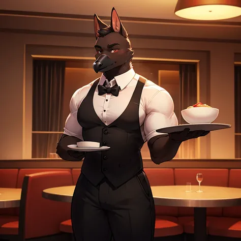 A huge black goose bodybuilder waiter wearing a shirt and a black jile and a black tie with large black pants in a restaurant lonely