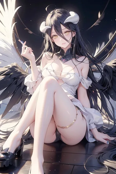 ((highest quality)), ((masterpiece)),(detailed),High resolution,Sharp focus,Perfect Face,One girl,
(非常にdetailed CG unity 8k wallpaper),(((Vibrant colors))),
Albedo Def, Black Hair,Ahoge, White Devils Horn,Glowing yellow eyes, Long and narrow pupils Big bre...