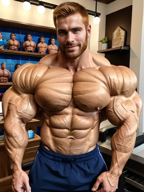 ealistic, (young:1.7), soft smile, (bulky:1.3), Ginger-haired male figure with well-defined, hyper-realistic musculature (muscle definition:1.4). Chest and abdominal muscles appear toned and chiseled, with visible fibers and striations (chest muscles:1.6)....