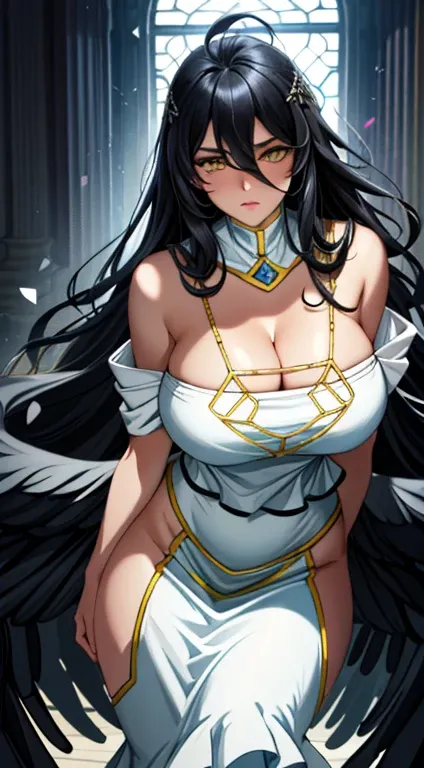 masterpiece, best quality, Extremely detailed, illustration, Epic Lighting, Composition, Isometric,(hexagon:1.2), 1 Girl, trumpet, Solitary, Yellow eyes, Black Hair, long hair, (Low Wing:1.2), University of Kili, Bare shoulders, Hair between the eyes,  (((...