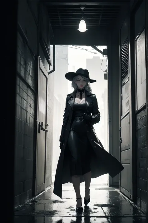 (best quality, 4k, highres, masterpiece:1.2), ultra-detailed, realistic:1.37, black and white, detailed silver hair, glamorous detective,

cartoon style, sexy milf, eye patch on the left eye, long trench coat, holding a revolver, 1950s atmosphere, retro vi...