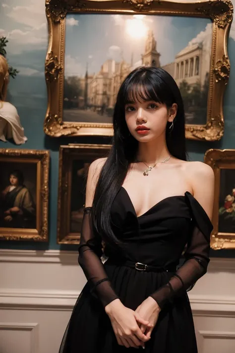 21yo girl, black hair, dress, museum background 