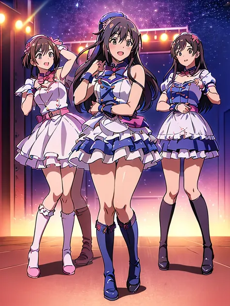 highest quality, ultra-high resolution, (realistic: )2d official style cel animation,((live stageで飛び跳ねる女の子４people々))idol costume...