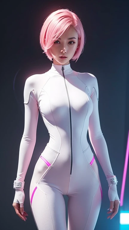 Create an image of a futuristic woman wearing a sleek, pink short hair, white bodysuit with glowing accents, standing confidently against a minimalist background. The design of the suit should emphasize a high-tech, cyberpunk aesthetic with clean lines and...