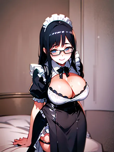 Maid, sexy body, big breasts, cleavage, big hip, stockings, garter belts, blushing, smiling, beautiful face, detailed face, detailed eyes, long black hair, blue eyes, full body, high quality, bedroom, dildo, chubby