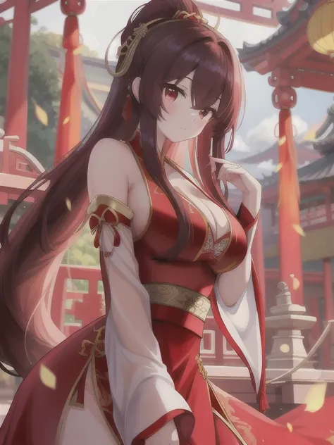 Close-up of a woman in a red dress，She is posing for a picture, Popular on CGSTATION, Beautiful and attractive anime woman, author：Yang Jie, Beautiful character painting, Trends of cgstation, palace, Girl wearing Hanfu, anime long hair girl, Beautiful anim...