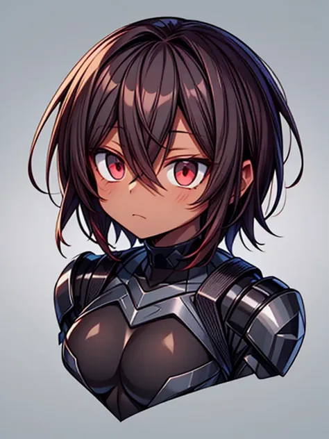 dark skin, male, ((short dark brown hair)), big red eyes and a very androgynous face, wearing a black taimanin exoskeleton bodysuit with sliver accent, black armoured taimanin_suit,