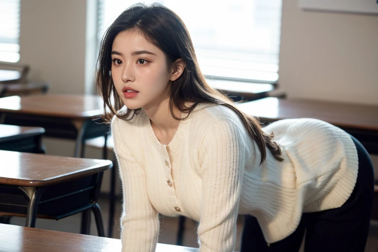 Messy hair, Best Quality, Documenter, Ultra-detailed, finely detail, hight resolution, 8K Wallpaper, Perfect dynamic composition, Beautiful detailed eyes, Natural Lip, black cotton sweatpants , Big breasts, (teacher:1.2), white knit sweater. busy, looking ...