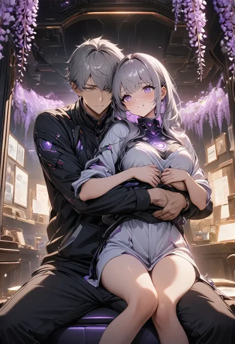 highest quality、Masterpiece、Official Art、16K、The best composition、The best light source、Super detailed、super beautiful、Super detailedな目、A couple riding on a futuristic vehicle、Boys have gray hair、The girl is sitting behind the boy and hugging him from behi...