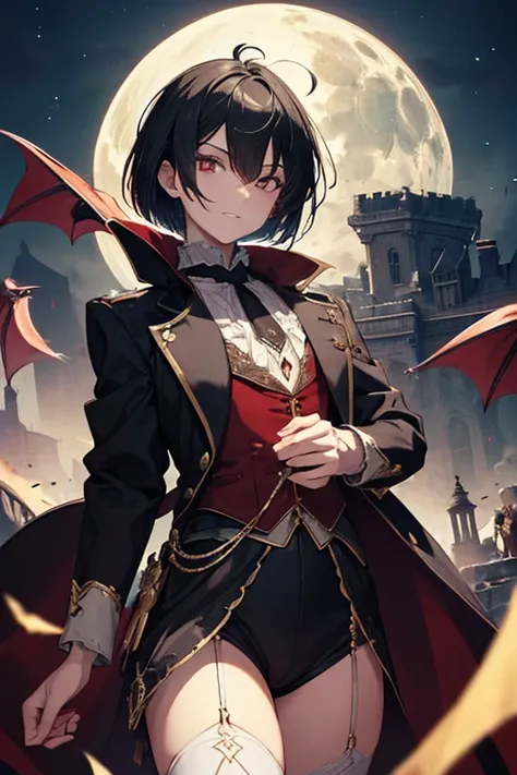 (highres, 4k, ultra-detailed, masterpiece:1.2),cowboy shot (no hat:1.5), ((1 Vampire boy)), glowing brown eyes, detailed eyes, black hair, ((bob hair)), earl, Victorian Elegance, aristocratic clothes, grin, dynamic pose, crescent moon, deep night, in the n...