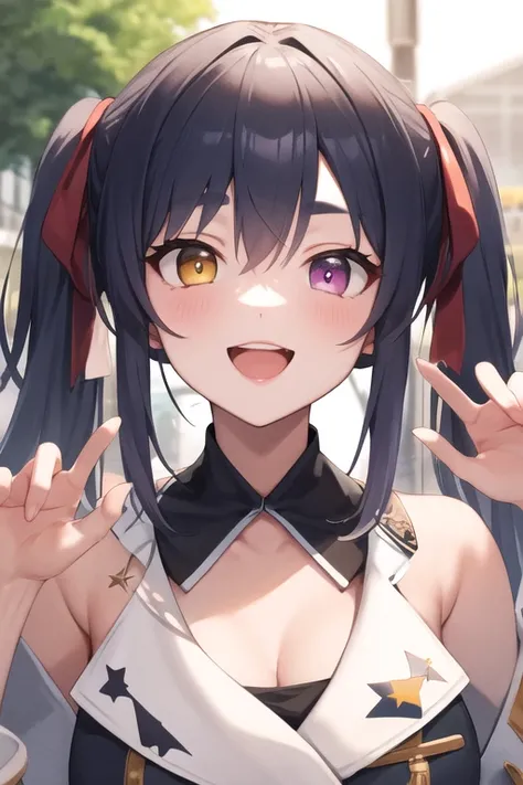 masterpiece, highest quality, High resolution, bb Marine, Twin tails, Heterochromia iridis,, smile, wave hands, Open your mouth, Outdoor、girl