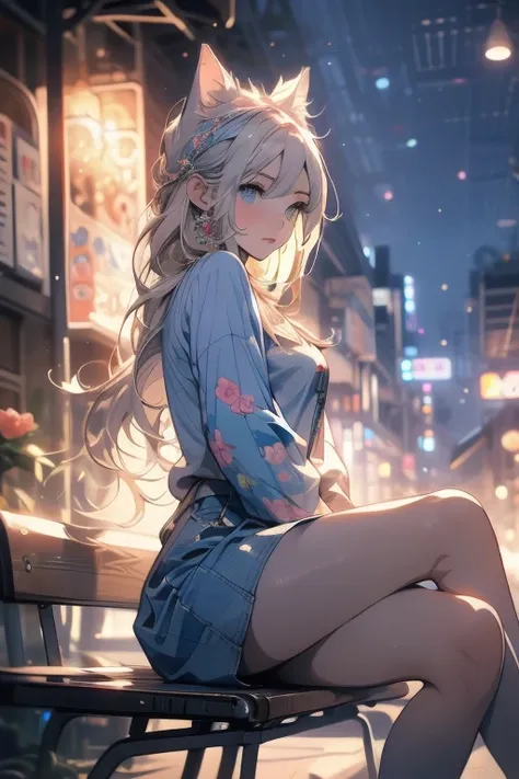 Relaxed character and white cat　anime girl sitting on a bench looking at the stars, anime art wallpaper 8 k, anime art wallpaper 4k, anime art wallpaper 4 k, 4k anime wallpaper, anime wallpaper 4k, anime wallpaper 4 k, anime style 4 k, 4 k manga wallpaper,...