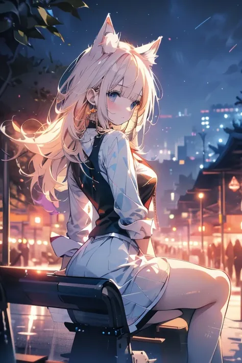 Relaxed character and white cat　anime girl sitting on a bench looking at the stars, anime art wallpaper 8 k, anime art wallpaper 4k, anime art wallpaper 4 k, 4k anime wallpaper, anime wallpaper 4k, anime wallpaper 4 k, anime style 4 k, 4 k manga wallpaper,...