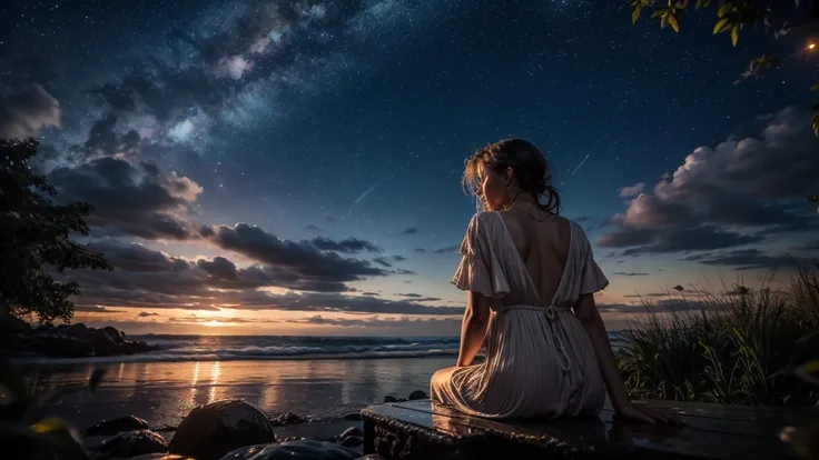 starry skies, the sound of waves, fireflies, a slow beat, a woman sitting with her back to you.