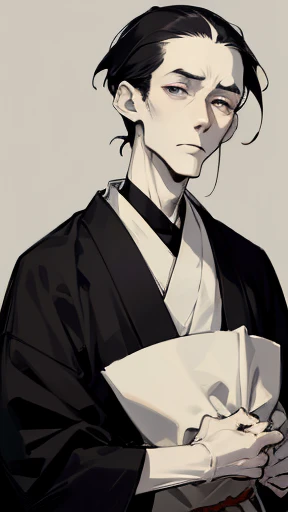 Black kimono from the Taisho period、（Pale-faced man）、（A sick and emaciated man）、Upper Body、Black Hair