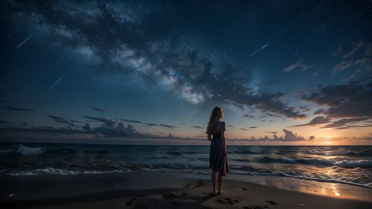 starry sky, sound of waves, fireflies, slow beat, woman standing on the beach