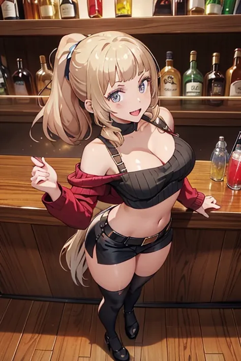 (from above:1.2),(from front:0.9), ((Face)), (Close-Up:0.4), masterpiece,"A 26-year-old girl stands at a bar counter. She is dressed in a stylish off-shoulder dress, sweater dress, off-shoulder sweater, red sweater,garter stocking, cleavage:1.1, midriff, b...