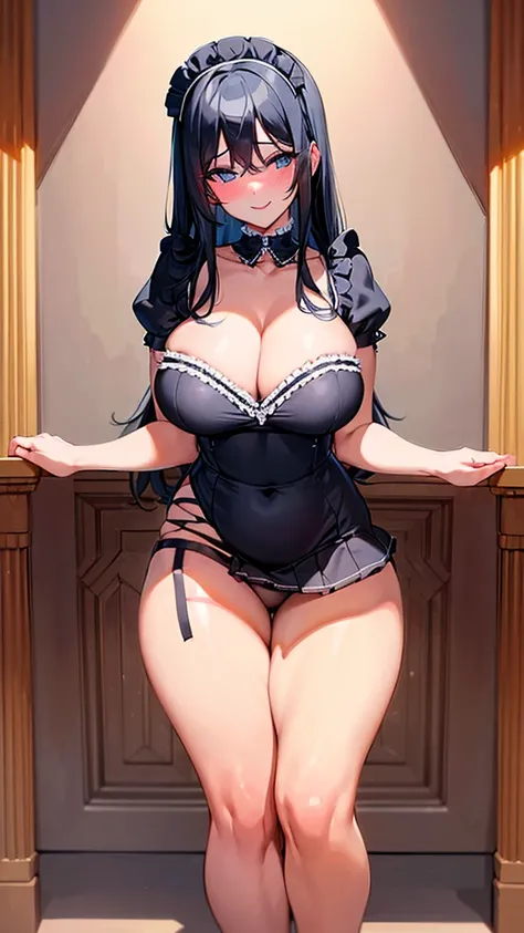 Maid, sexy body, big breasts, cleavage, big hip, stockings, garter belts, blushing, smiling, beautiful face, detailed face, very detailed eyes, long black hair, blue eyes, full body, high quality, bedroom