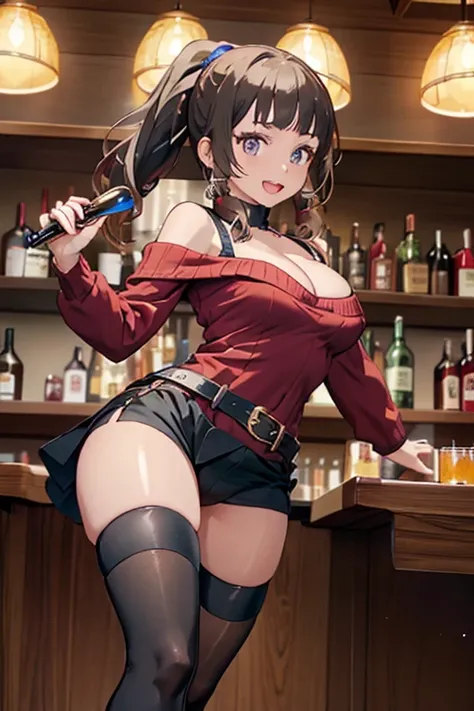 (from below:1.2),(from front:0.9), ((Face)), (Close-Up:0.4), masterpiece,"A 26-year-old girl stands at a bar counter. She is dressed in a stylish off-shoulder dress, sweater dress, off-shoulder sweater, red sweater,garter stocking, cleavage:1.1, midriff, b...