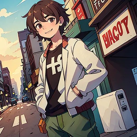 Boy,brown fluffy short hair, in a street, hands in his pockets, smiling a little