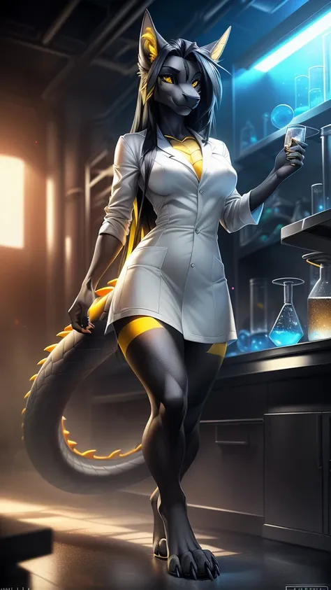 uploaded on e621, (by Wildering, by Koul, by fluff-kevlar, by aycee), solo, female dragon, dragon ears, dragon tail, ((black sclera, deep yellow eyes)), (Laboratory Coat), ((full-body portrait)), (masterpiece), (best quality), (anthro furry:1.3, snout:1.2,...