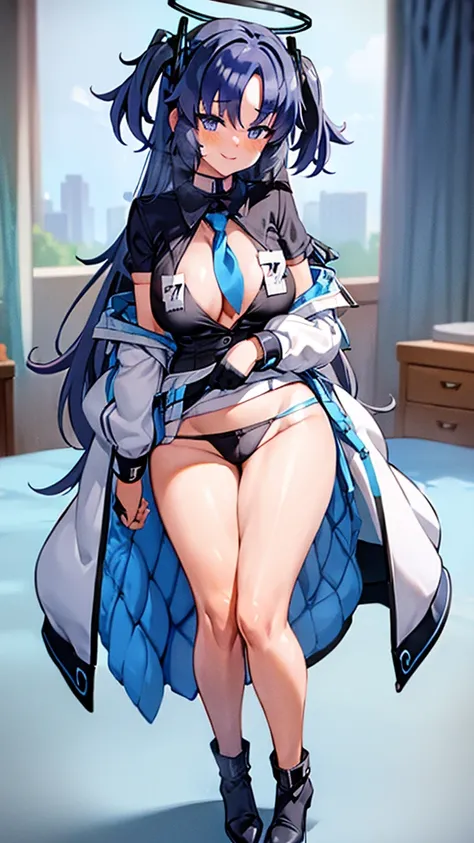 Yuuka (Blue Archive), sexy body, big breasts, cleavage, big hip, stockings, garter belts, open chest shirt, blushing, smiling, beautiful face, detailed face, very detailed eyes, long black hair, blue eyes, full body, high quality, bedroom, high heels