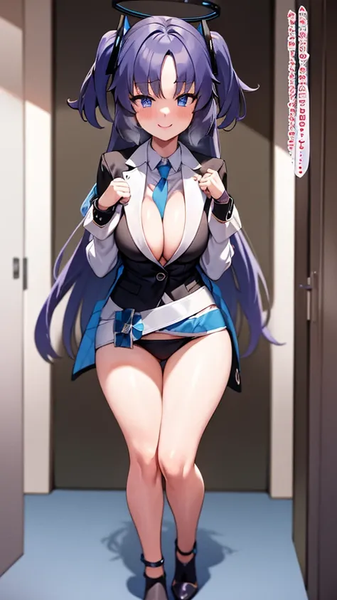 Yuuka (Blue Archive), sexy body, big breasts, cleavage, big hip, stockings, garter belts, open chest shirt, blushing, smiling, beautiful face, detailed face, very detailed eyes, long black hair, blue eyes, full body, high quality, bedroom, high heels