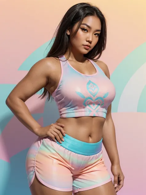 (Sexy tanned Polynesian|Asian woman, thicc hourglass figure, perfect eyeliner:1.2), (masterpiece:1.4, best quality), medium breasts, unity 8k wallpaper, ultra detailed, (pastel background, wearing gym shorts and colorful tank top:1.3), alluring pose, upper...