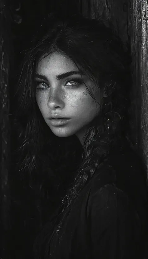 (monochrome:1.3), black and white photography, dark theme, (realistic, photo-realistic:1.37), (ohwx woman), jesica alba with tribal tattoos arms and neck, wearing a sleeveless sweatshirtrealistic, cowboy shot, fantasy world, dark colors, dramatic lighting,...