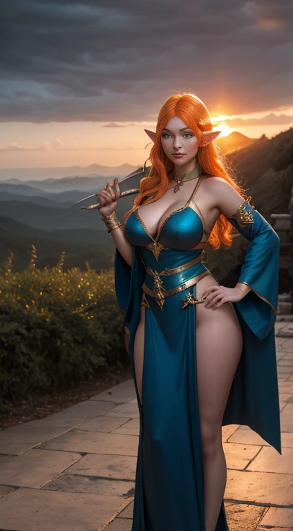 Female eladrin in blue robes and orange hair and a pair of elf daggers in her hands, colossal Big Big full rounded natural breasts, BEST quality photorealistic gorgeous glowing skin, BEST quality photorealistic gorgeous fit booty, BEST quality photorealist...